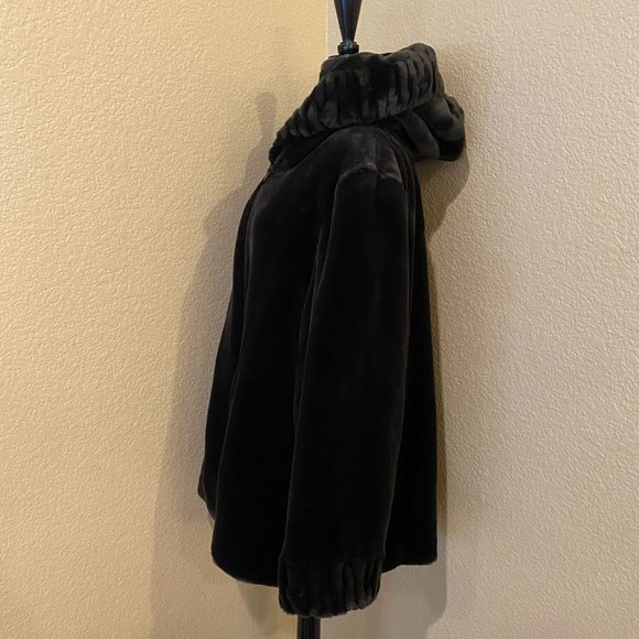 1X Pamela McCoy Faux Fur Shawl Hood Button Collar Fully Lined Black Coat - Picture 3 of 7